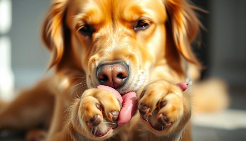 dog licking paws