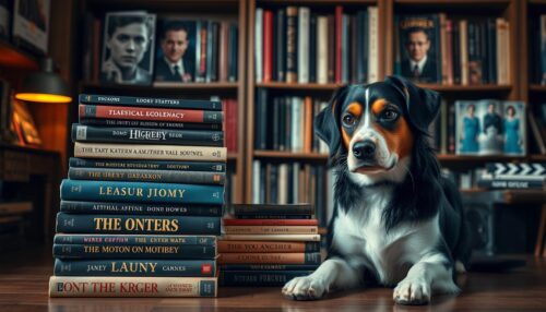 A dog with a book or movie-inspired name tag