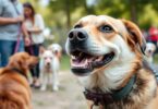 A dog with a unique name tag on its collar at a dog park