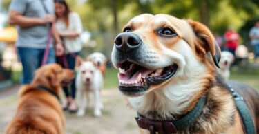 A dog with a unique name tag on its collar at a dog park