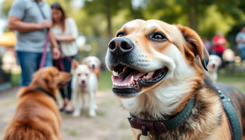 A dog with a unique name tag on its collar at a dog park