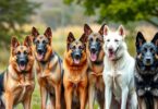 A group of German Shepherd-like dogs showing the variety of breeds that resemble the German Shepherd