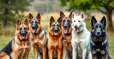A group of German Shepherd-like dogs showing the variety of breeds that resemble the German Shepherd