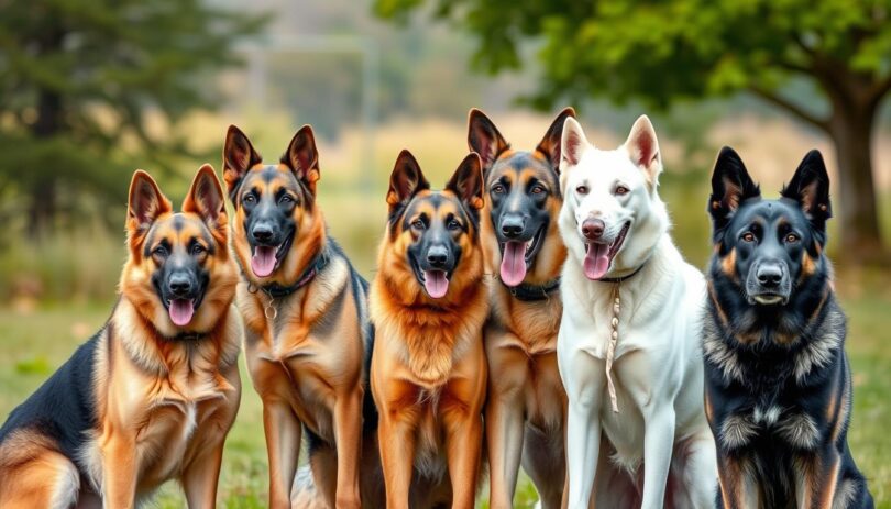 A group of German Shepherd-like dogs showing the variety of breeds that resemble the German Shepherd