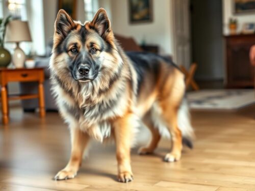 American Alsatian showing its large size and wolf-like appearance with a calm demeanor American Alsatian showing its large size and wolf-like appearance with a calm demeanor