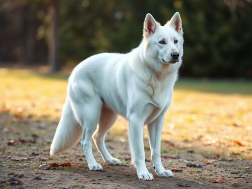 White Shepherd with its pure white coat standing alert in an outdoor setting White Shepherd with its pure white coat standing alert in an outdoor setting